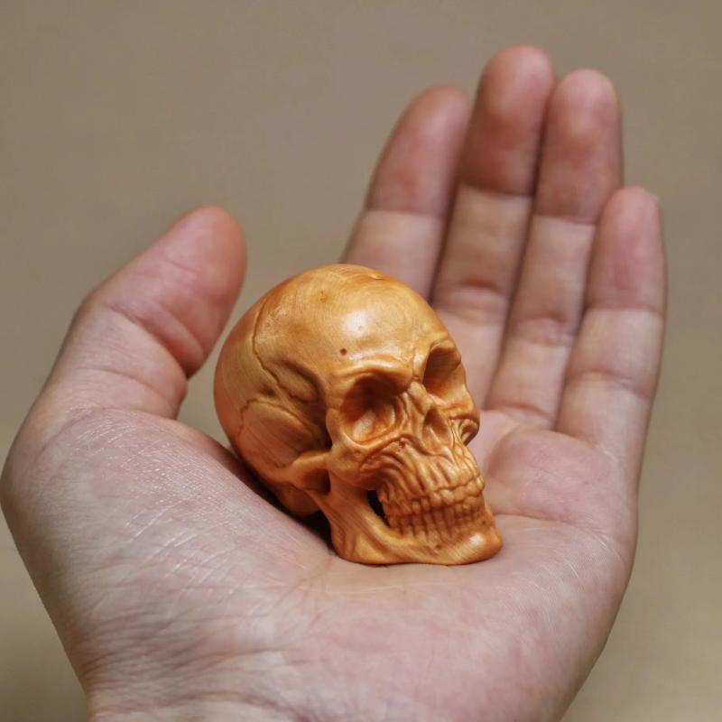 Natural Cypress Engrave Skull Decor Small Statue - Halloween Decoration Party Decoration Props Home Room, Car Bar Decoration