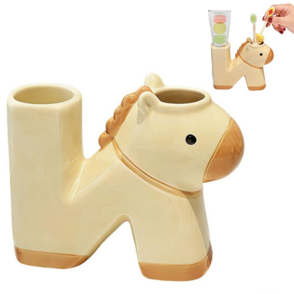 Ceramic Pony Toothbrush Holder N-shaped 2 Slot Toothpaste Toothbrush Rack Cartoon Horse Electric Toothbrush Stand Home Decor