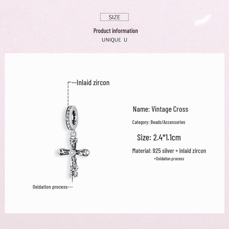 S925 Silver Vine Cross Pendant - European & American Style, Retro Pattern DIY Jewelry Accessory (BSC313)