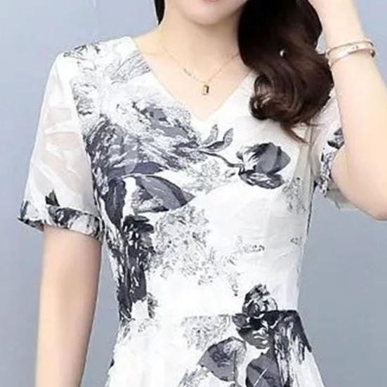 Women's Summer Flowy Chiffon Maxi Dress Casual Short Sleeve V Neck Long Dress Boho Floral Beach Sundress