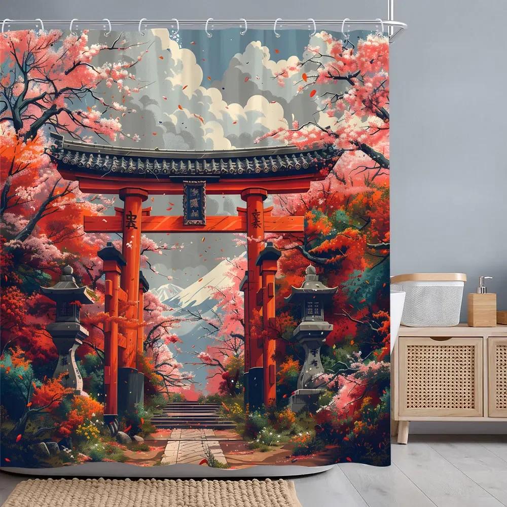 Japanese Red Cherry Blossom Seascape Shower Curtain Chinese Landscape Ink Painting Printed Fabric Shower Curtains Bathroom .
