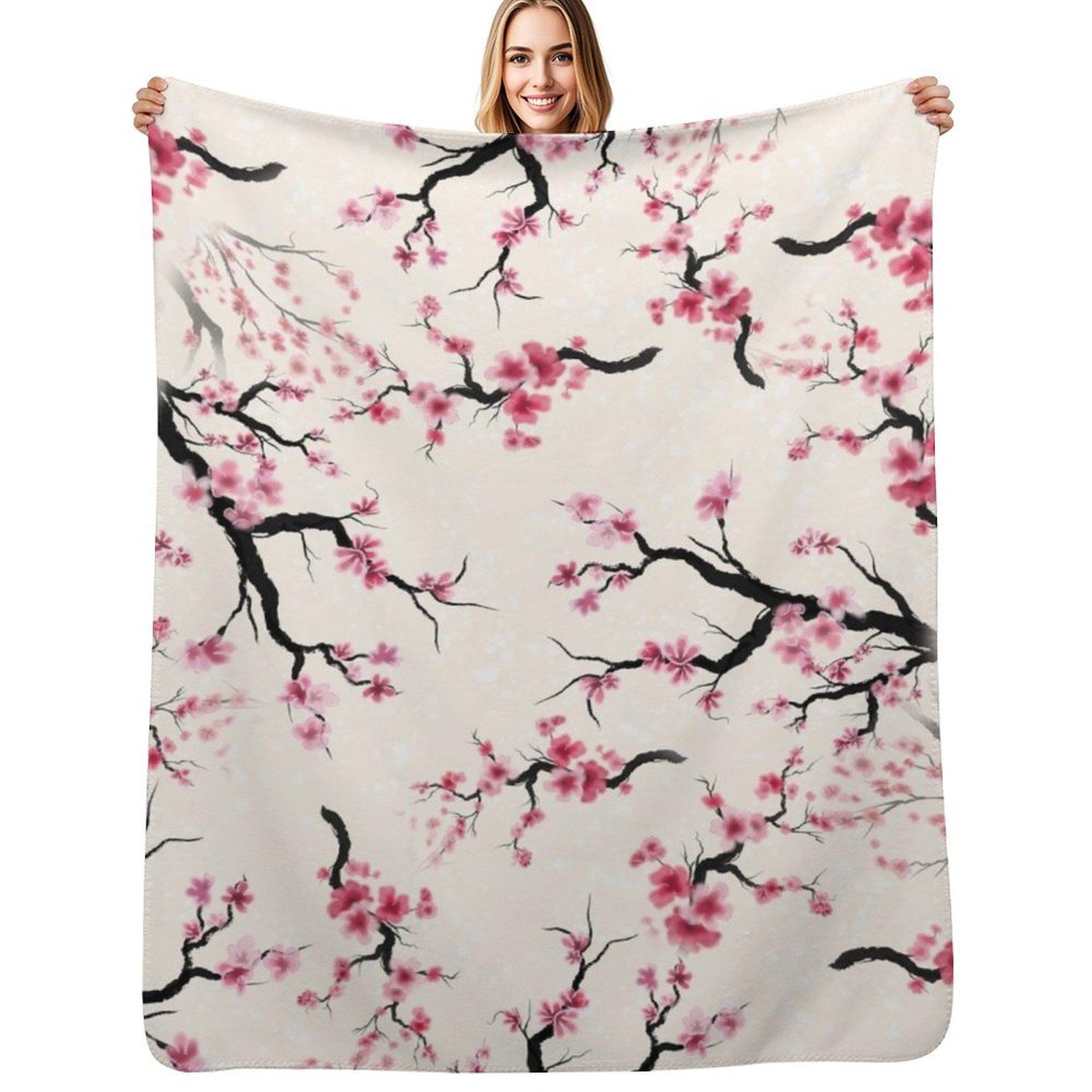 Watercolor sumie hanami sakura cherry blossoms pattern Throw Blanket Portable Lightweight Blanket for Travel Camping Size: 75*100cm, Weight: 230 GSM