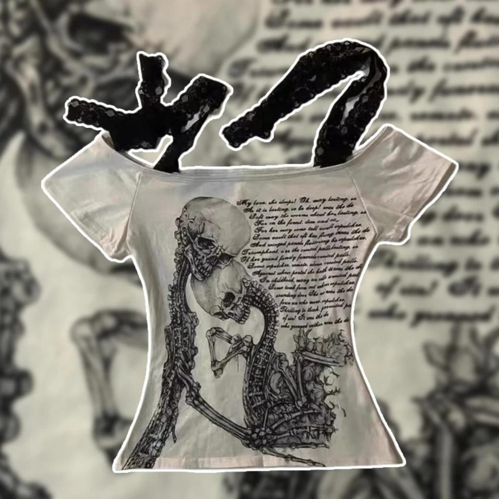 TrendHub Women Clothing Arcane Retro Stitch Skull Print Short-sleeved T-shirt Female Subculture Y2k Slim Lace-up Top Gothic Shoulder Tees