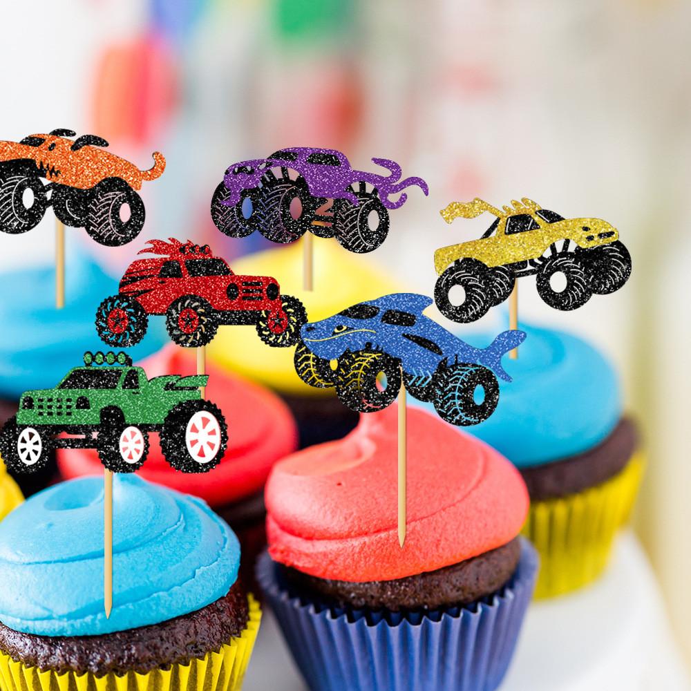 Monster Road Off Vehicle Pattern Party Cake Glitter Paper Plugin Decoration