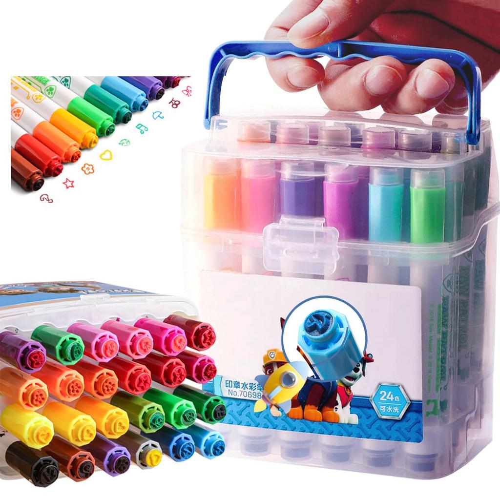Art Marker Set with Thick Round Pencils for Cartoon Sticker Smooth Color Quick and No Staining for Your Hands 24-Color Water-Based Pens, Kids, Caps,