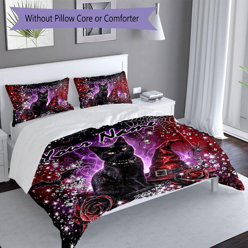 3PC Custom Name Gothic Cat Roses Bedding Set Printed Bedding Set Duvet Cover Closure Includes 1 Duvet Cover & 2 Pillowcases for All Seasons Bedroom