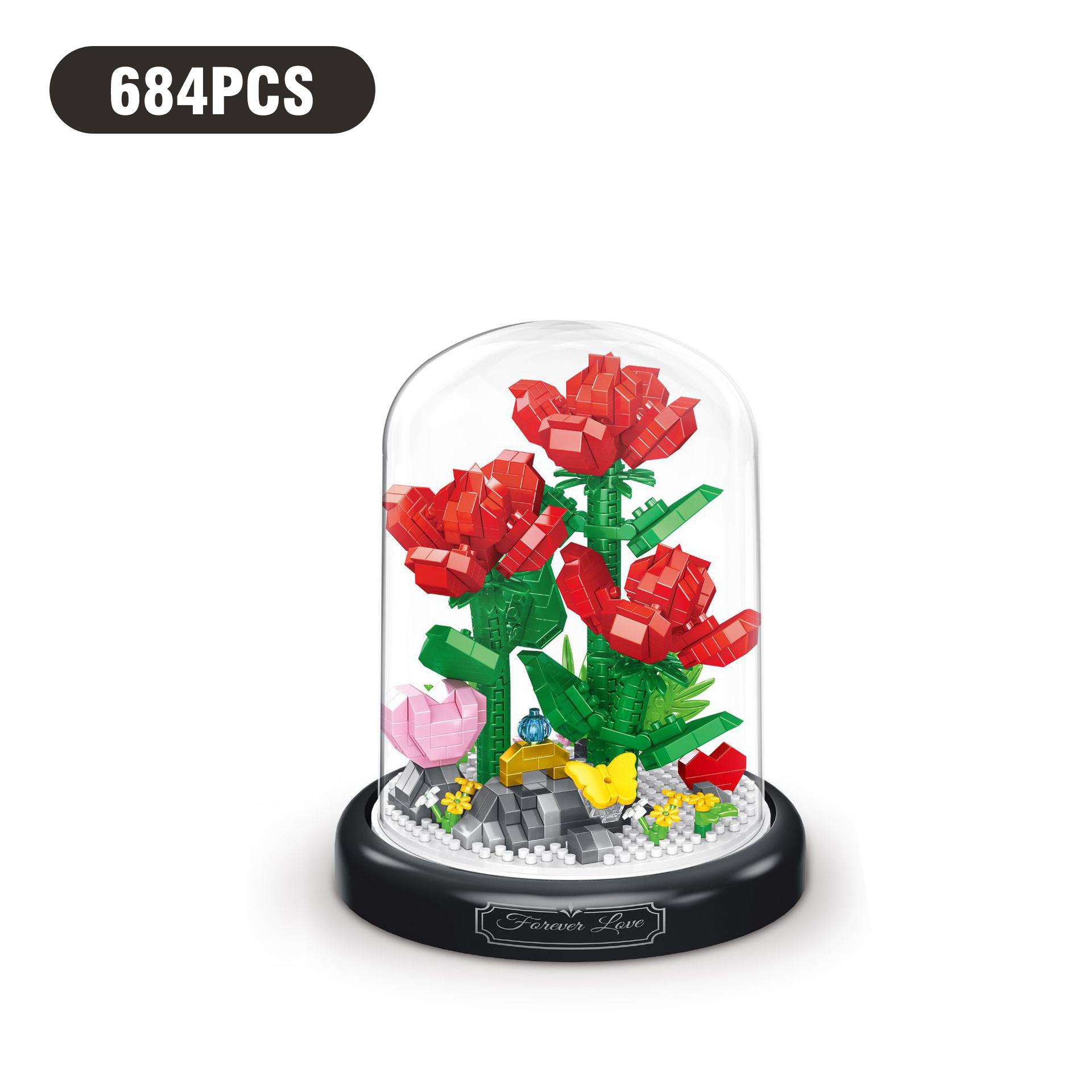 

Diy Rose Eternal Life Flower Construction Blocks Dust Cover Pot Plant Assembly Flower Small Blocks Kids Toys Girls Gifts Household Decor