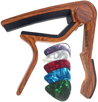 WINGO One Touch Guitar Capo Tast Electric Capo for Acoustic Guitar Grain 5 Picks Guitar, (Wood Color) -