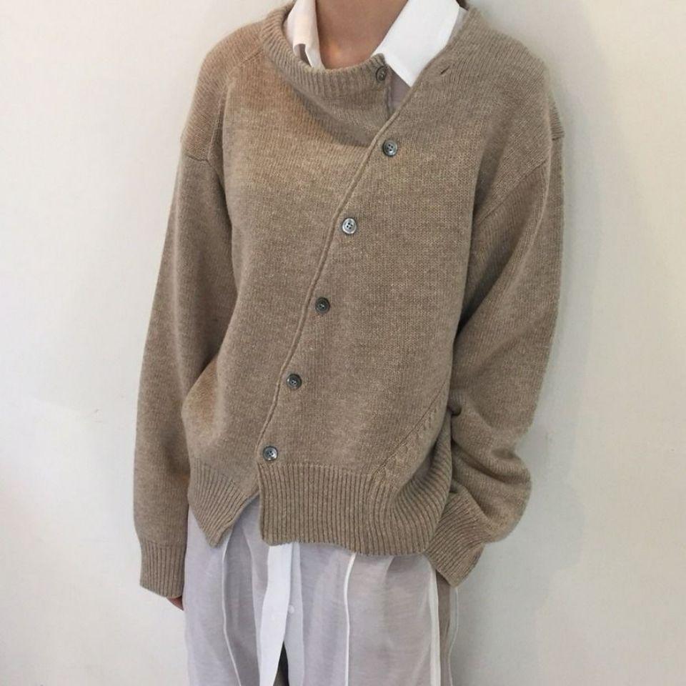 

Женский осенне-зимний свитер с косыми пуговицами и асимметричным дизайном, кардиган, вязаная куртка 2XL