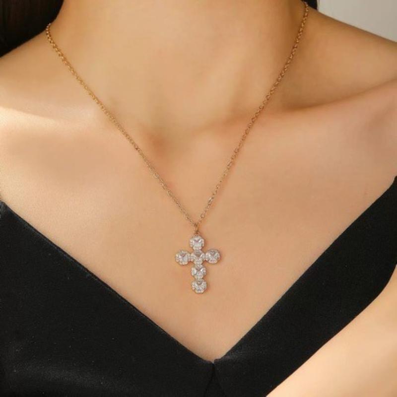 Luxury Iced Out Cross Pendant Necklace, Cubic Zirconia Halo Religious Choker, Hip Hop Faith Jewelry Gift for Women Men