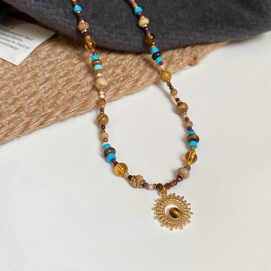 Natural Stone Sunflower Beaded Necklace with Titanium Steel Chain - Chinese Retro Light Luxury for Women