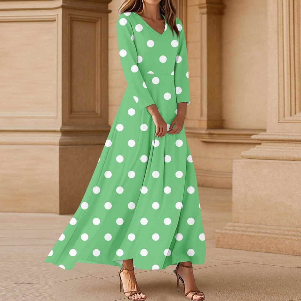 Damen Polka Dot Maxikleid mit langen Ärmeln, Elegantes V-Ausschnitt Fließendes A-Linien Freizeitpartykleid für Frühling Sommer
