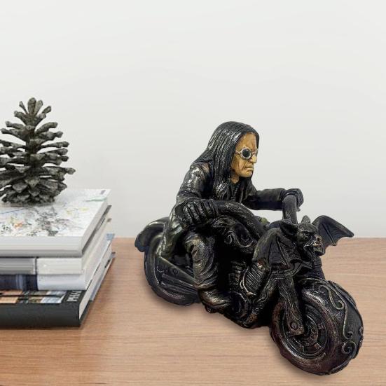 Bat Motorcycle Ornament Black Robe Man Riding Bat Motorcycle Figurine Collectible Rock Singer Desktop Statue Gift for Fans