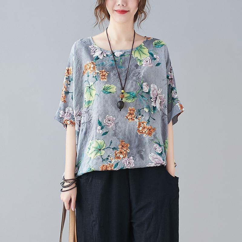 Übergröße Damenbekleidung Sommer Künstlerisches Rundhals Bedrucktes Kurzarm T-Shirt Damen Pullover Fledermausoberteil Damen