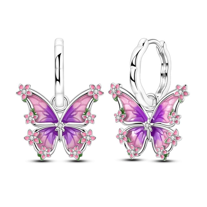 925 Sterling Silver Purple Series Feather Butterfly Dream Catcher Firefly Zircon Earrings for Women Luxury Jewelry Wedding Gift