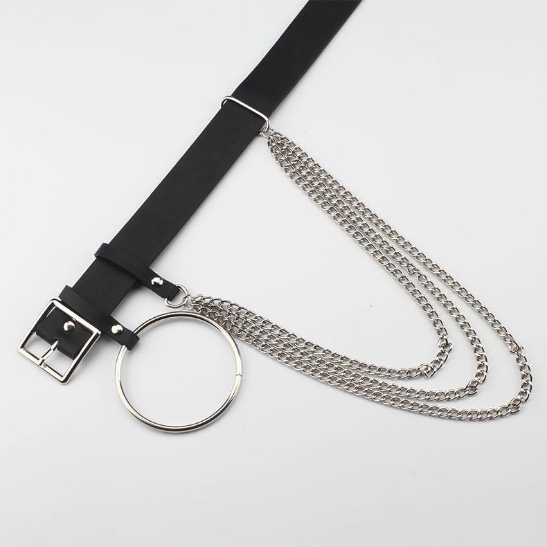 Fashionable Black Women Waist Belt With Circular Ring And Chain Tassel Daily For