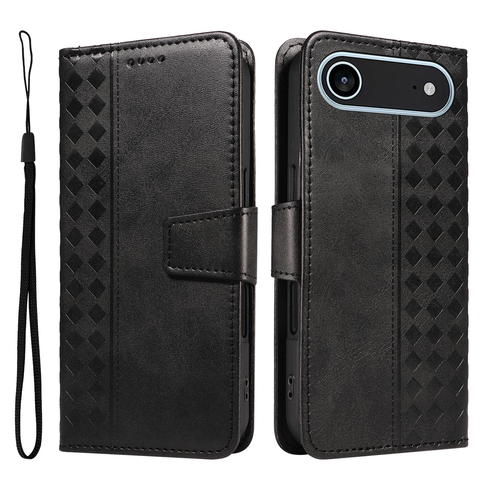 

Для iPhone 17 Кожаный чехол-кошелек с подставкой, с тисненым узором в виде сетки, чехол для телефона с ремешком Black