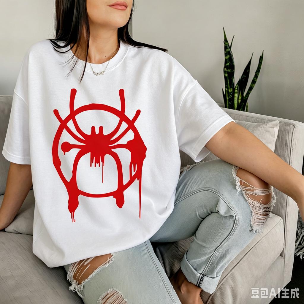 Camiseta Blanca de Manga Corta Unisex Algodón Puro con Logo de Araña Miles Morales Estampado de Araña Drip Superhéroe Ropa Casual Urbana