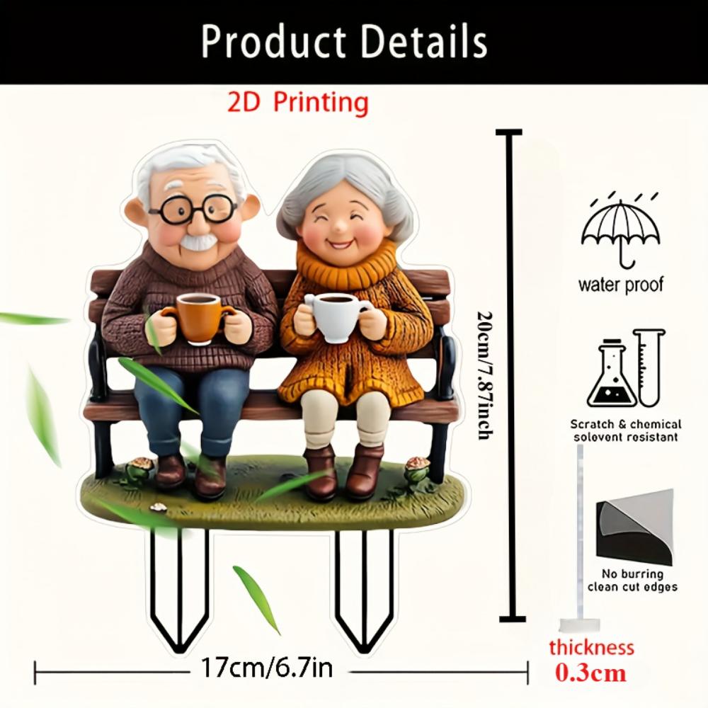 Teselskap for eldre par, 2D flat akryl, romantiske hagepynt til Valentinsdagen, egnet for plener, terrasser og hager, jul, Halloween