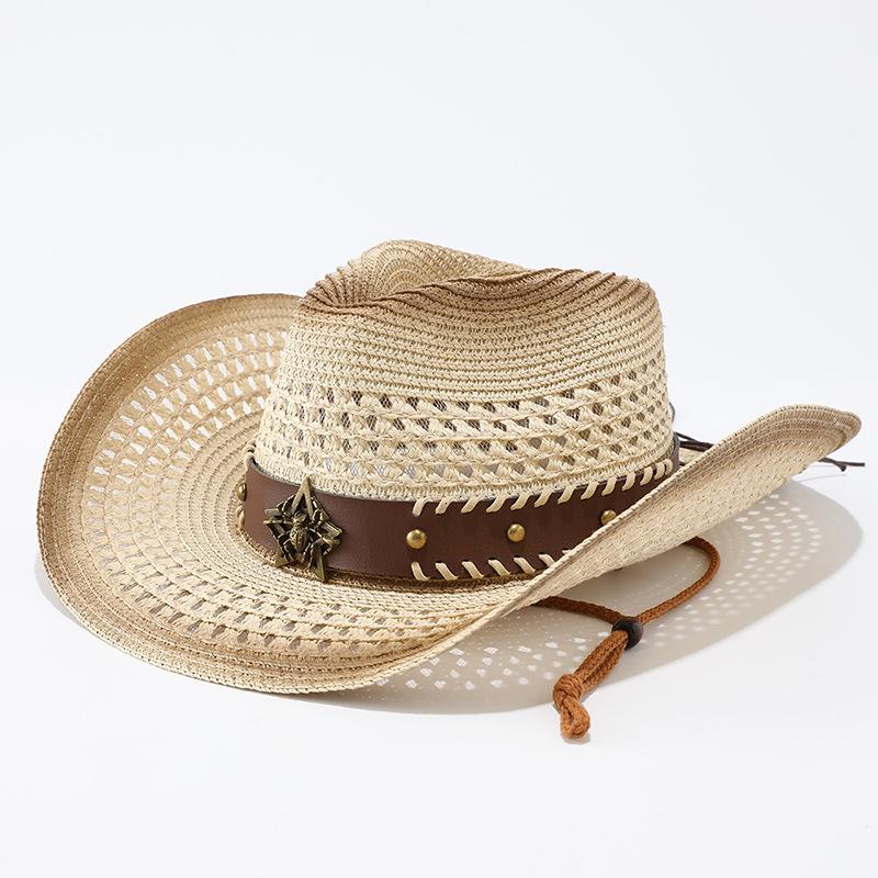 Western Cowboy Straw Hat Hollow Breathable European and American Jazz Hat Outdoor Sunscreen Sun Hat Panama Beach Hat