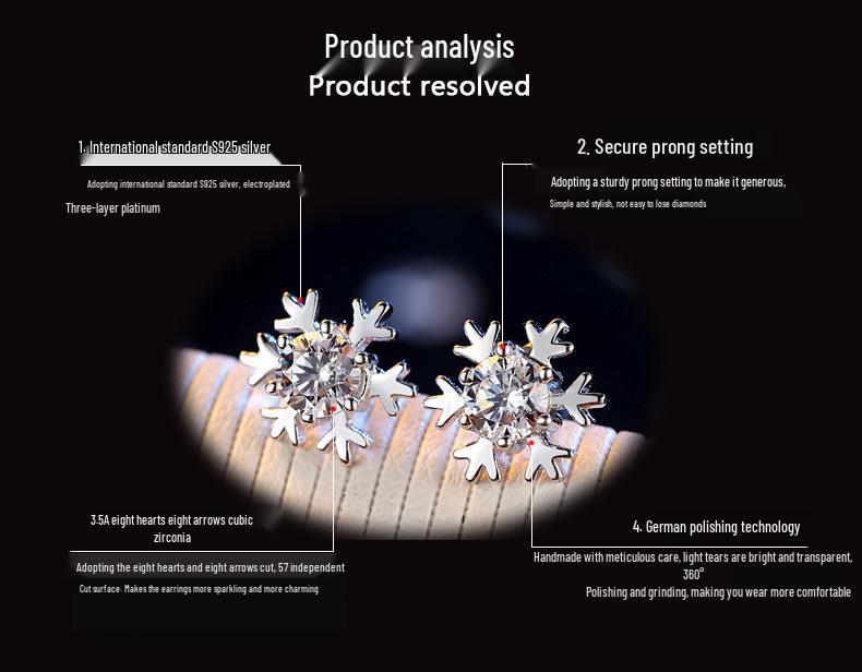 S925 Silver Korean Snowflake Zircon Stud Earrings for Women - Elegant, Simple Design, Ideal Christmas Gift.