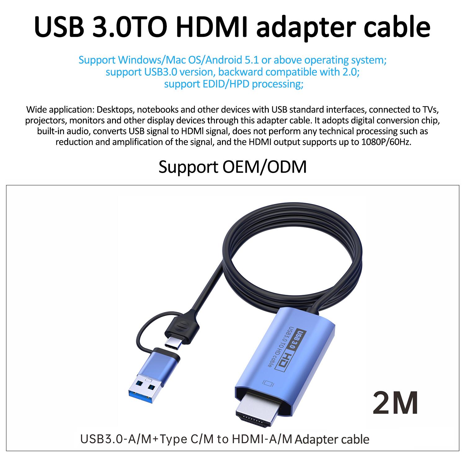 

V05E 2.0m USB3.0 to HDMI Adapter Cable 2-in-1 Type-C+USB to HDMI Converter As Shown A