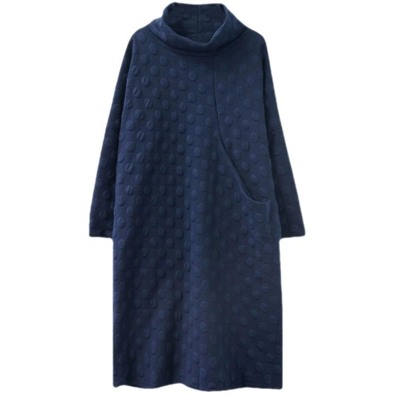 Women Oversized Dress Turtleneck Long Sleeve Polka Dot Dress Casual Solid Color Pocket Maxi Dress