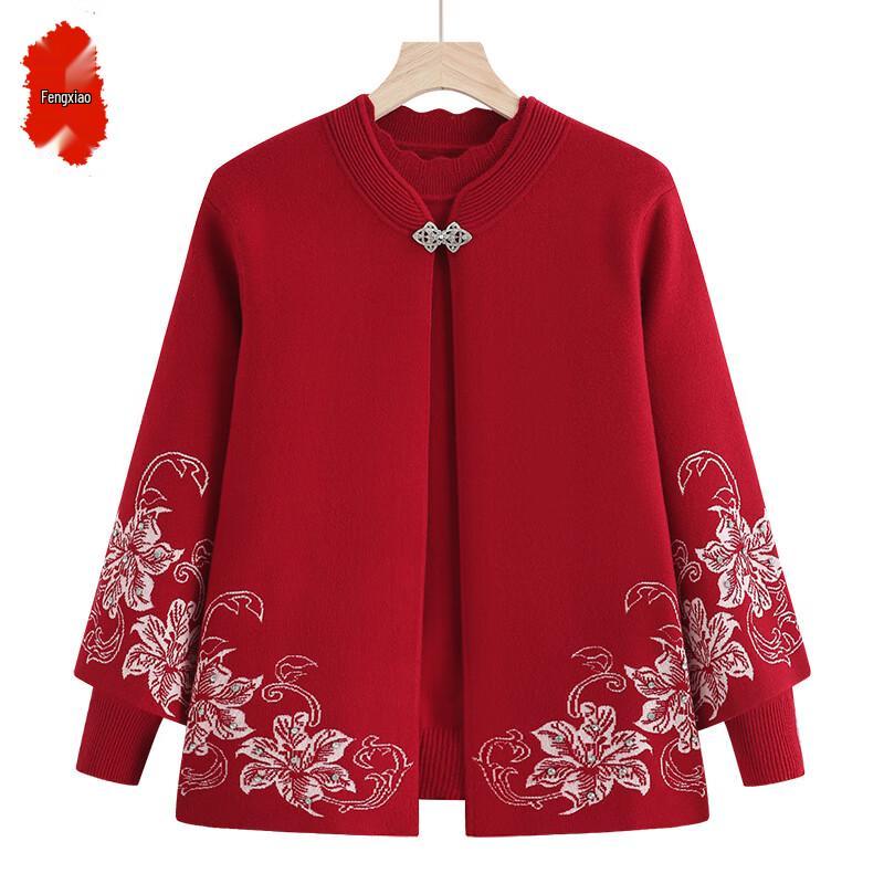 

Elderly Women s Floral Knitted Cardigan Two-Piece Set 3XL