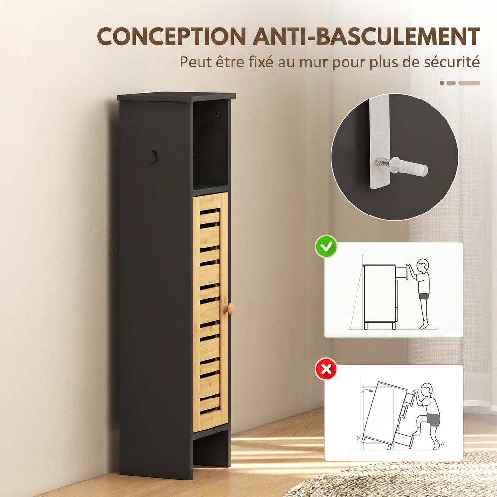 Bathroom Cabinet with Toilet Paper Holder, Removable Bar, 3 Tiers + Dispenser, 78 cm, Black Bamboo