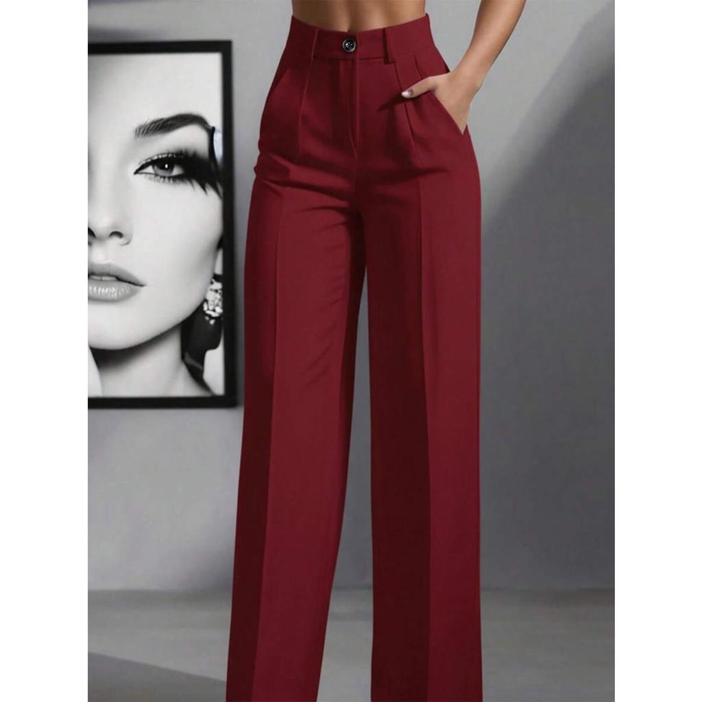 Jednokolorowe spodnie casual, Damskie spodnie z wysokim stanem, plisowane, luźne, Spodnie do pracy