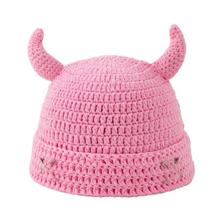 Crochet Horn Cap for Fall Winter Outfits, Brimless Devil Hat with Front Pin Accent for Party Photo Outfit Looks