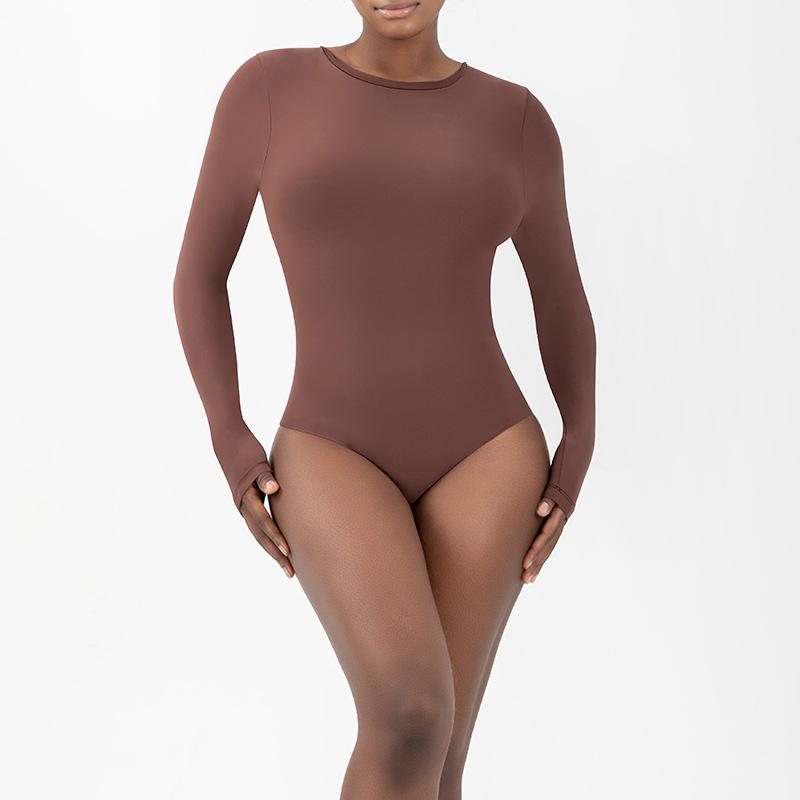 

Боді з довгим рукавом, що відчувається як друга шкіра, з круглим вирізом для йоги та фітнесу Medium кавовий