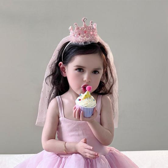 Girl Crown Headband with Sequins Imitation Pearls Princess-Style Crown Mesh Veil Toddler Princess Headpiece Baby Girl Photo Accessory