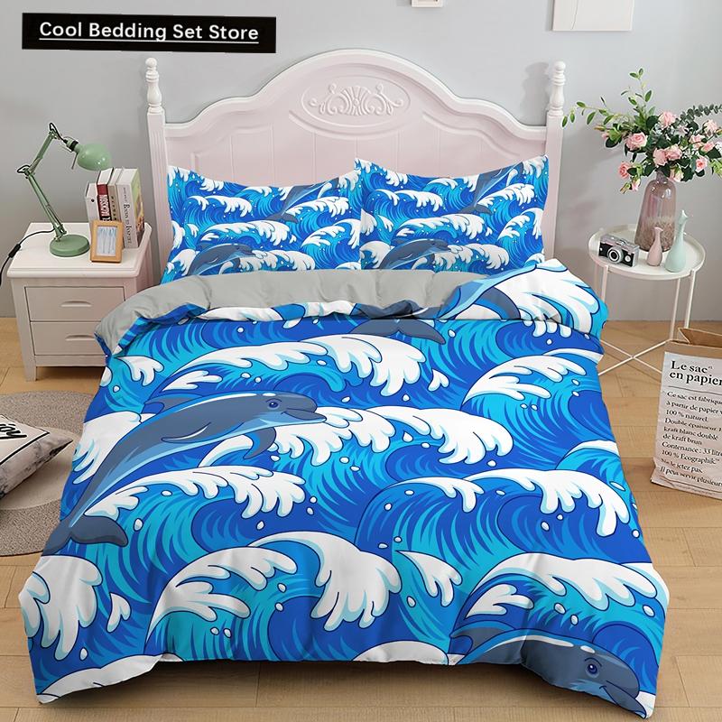 Comforter Dolphin Ocean King Queen Cute 3D Sea Animal Bedding Set For Kids Teens Adults Shoal Of Fish Blue 2/3Pcs