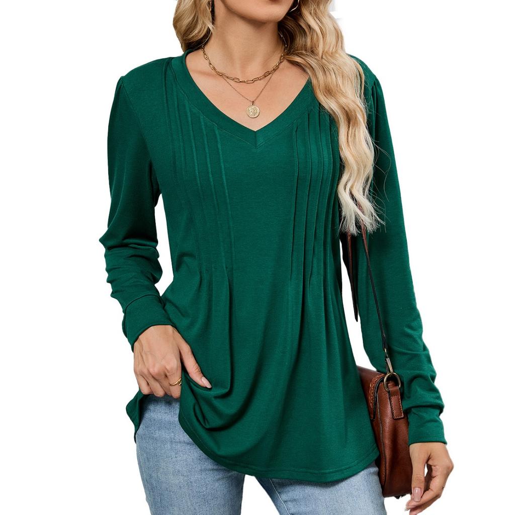 Fall Winter New Solid Color V-neck Striped Loose Long Sleeve T-shirt Top For Women, Amazon Cross-border European American Women's Clothing