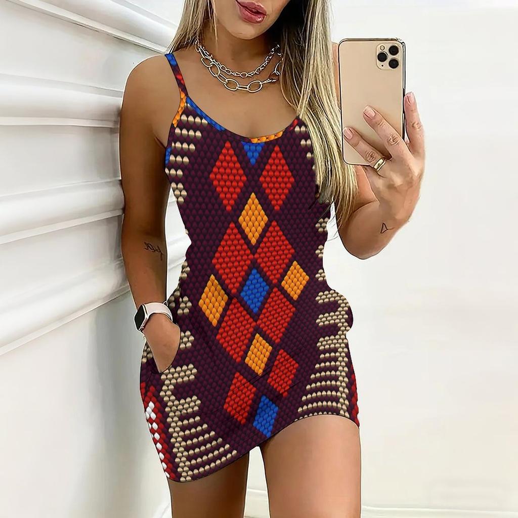 Robe moulante sans manches imprimée géométrique rétro d'été avec poches Sexy Coupe ajustée Élégante Robe de soirée