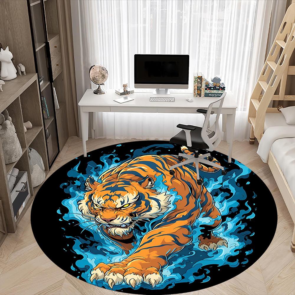 1PC Tiger Flames Office Round Area Rug,  Mat Suitable ForOffice, Under Office Chairs Bedroom Living Room Home Decor, Room Deco