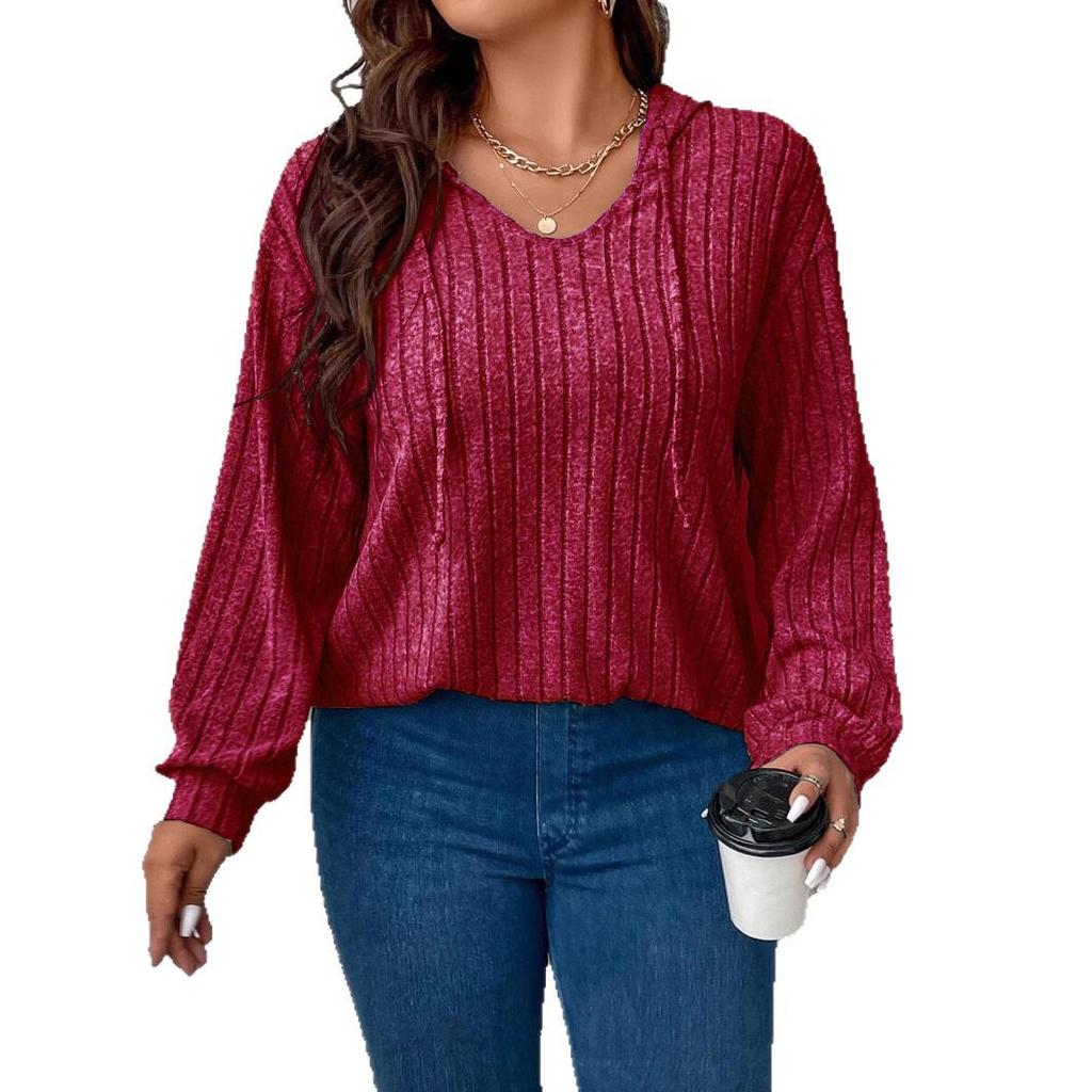 2026 Autumn/Winter V-Neck Plus Size Women's Hooded Ribbed Long Sleeve T-Shirt