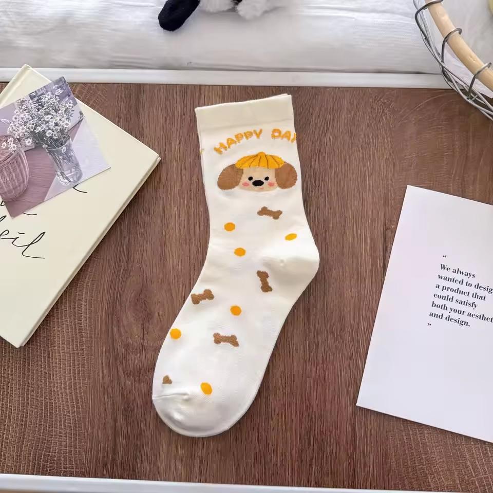 1 Pair Ladies' Socks Japanese Cartoon Cute Puppy Star Casual Preppy Style Versatile Mid Tube Socks High Quality Cotton Socks