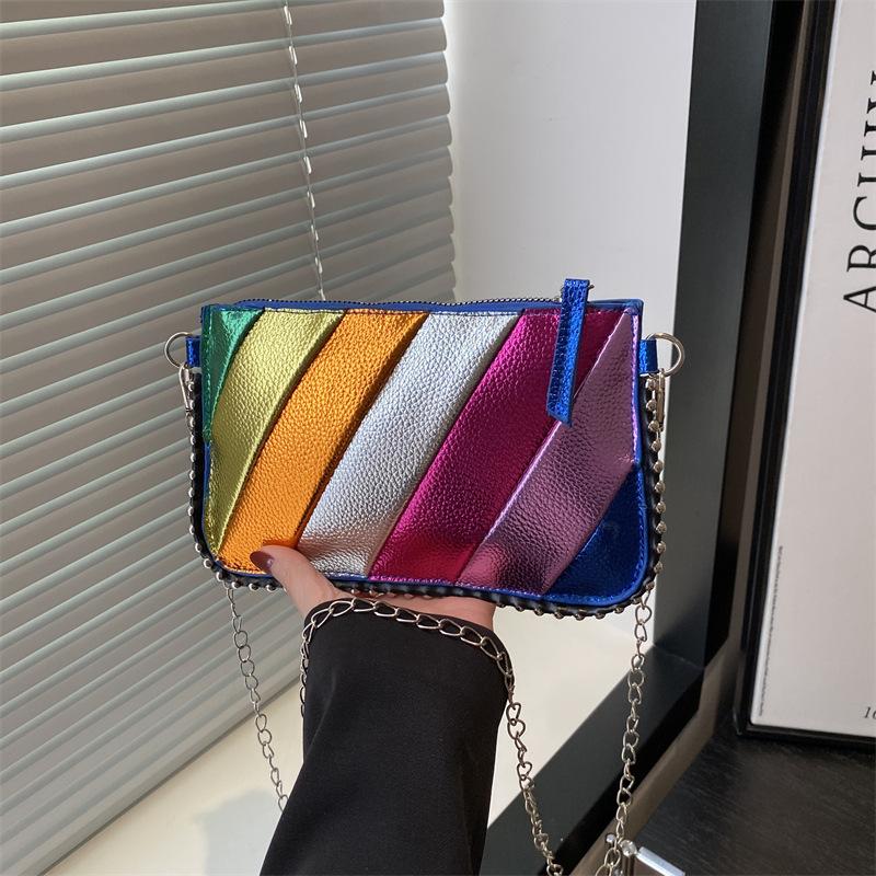 

Contrasting color rainbow strip small square bag women s 2025 autumn new Korean version fashion chain shoulder bag splicing foreign style messenger b