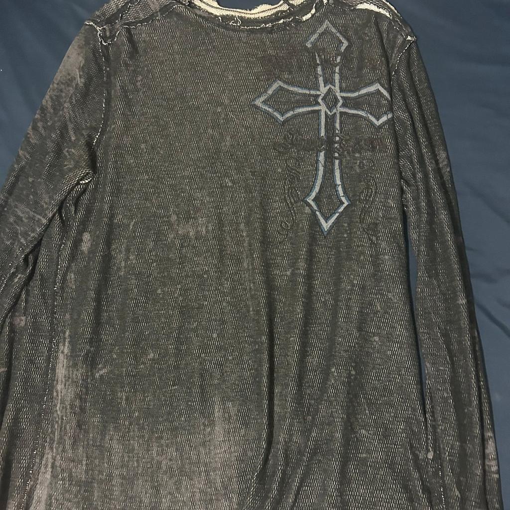 T-shirt Affliction Homme XLarge Gris Réversible Thermique Crâne Croix Gothique Grunge Unisexe