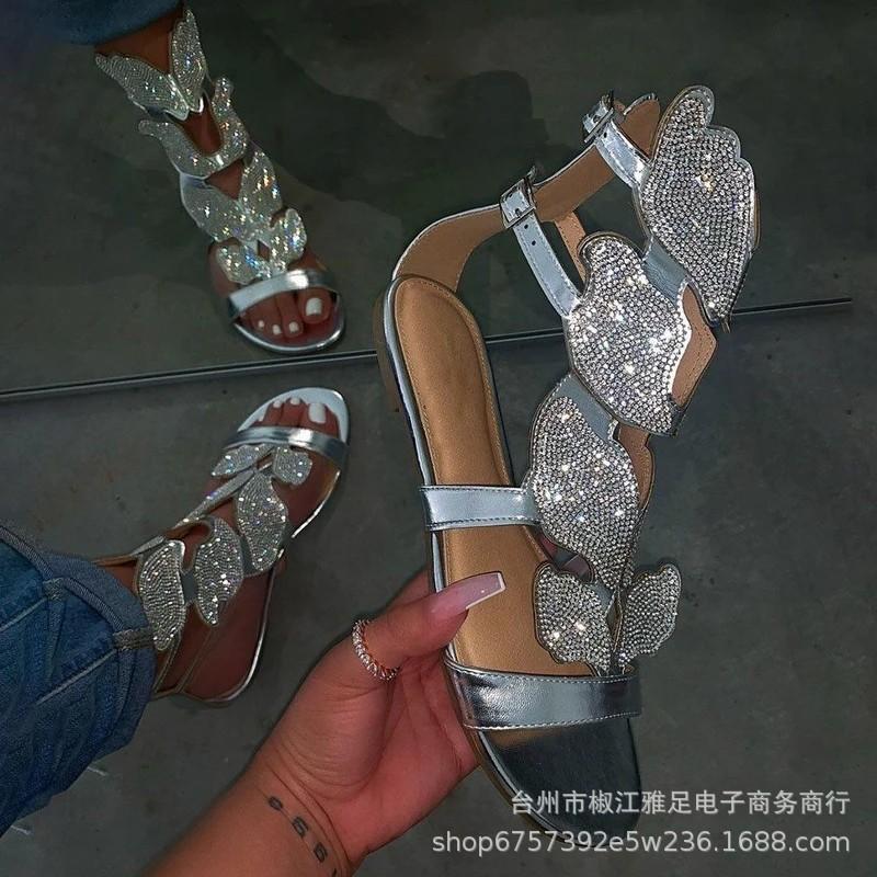 Fashion Summer New Europe and The United States Large Size Female Shoes Fish Mouth Rhinestone Female Sandals Butterfly Sandals