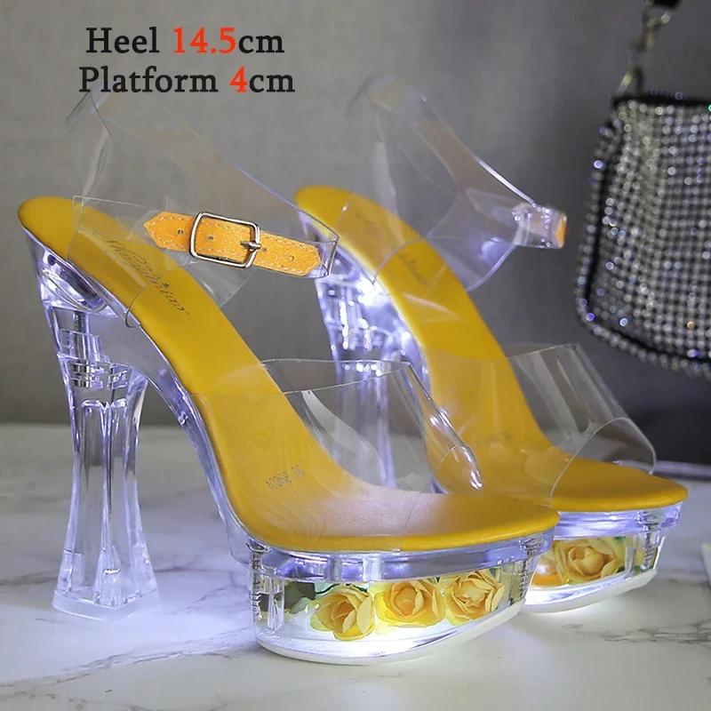 Fashion Designer Sandals Sandalias Women 2025 Summer New Flowers Transparent High Heels 14.5cm Platform Thick Heel Ladies Banquet Shoes