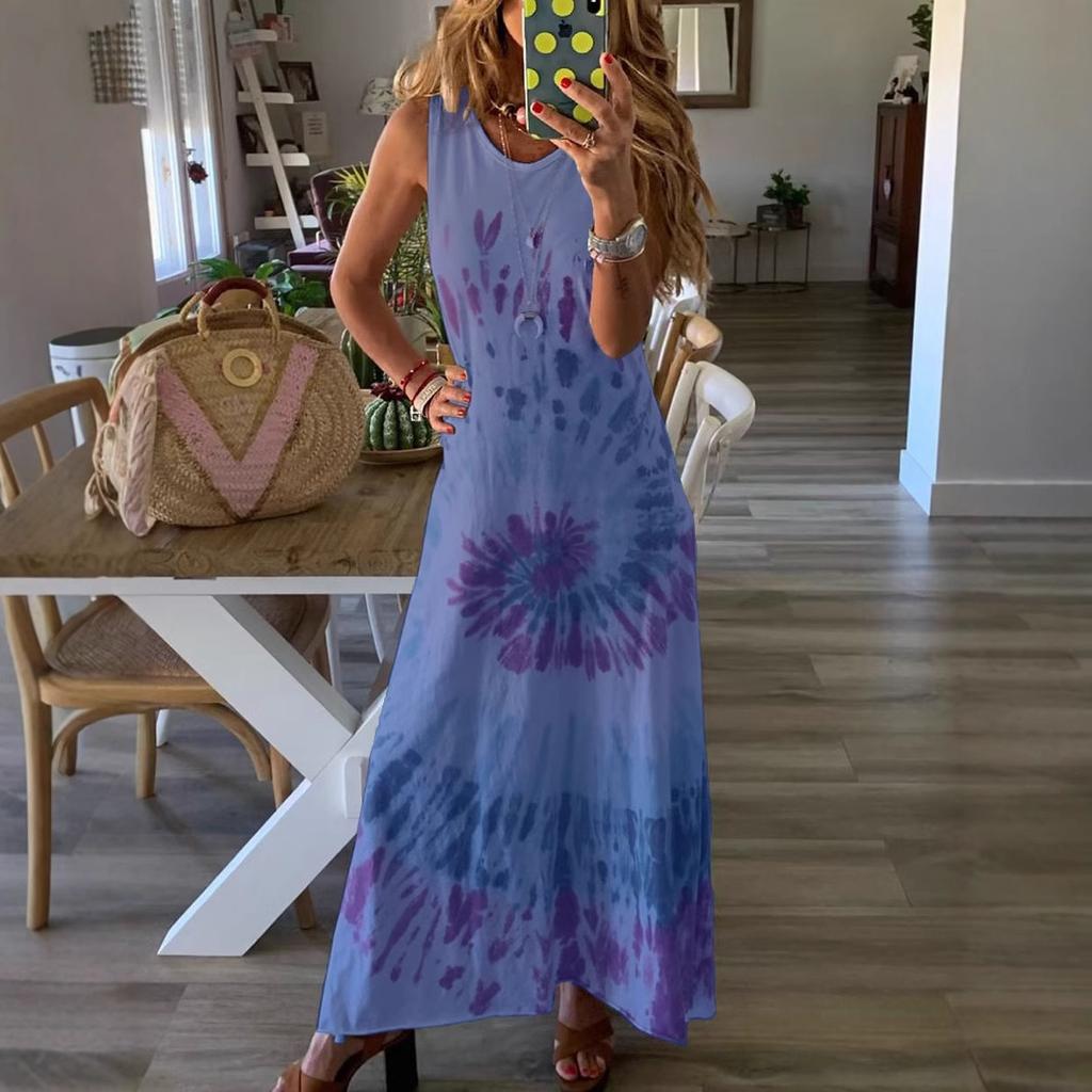 GMXIA Women's Fashion Summer Spring Solid Color Print Sleeveless O-Neck High Waist Casual Dresses