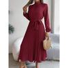 HNXC Autumn and Winter Elegant Stand-up Collar, Long-sleeved, Cinched Waist, Pleated Long Dress and Cocktail Dress Women's Wear