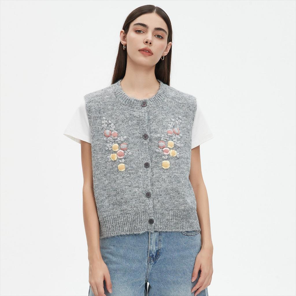 DIMANAF 2025 Short Vest Sweaters Autumn Women Flowers Print O-Neck Sweaters Knitting White Sweater