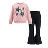 Girls' Sets Autumn and Winter Children's Pink Pullover, Five-pointed Star Printed Top, Black Slightly Flared Trousers Set