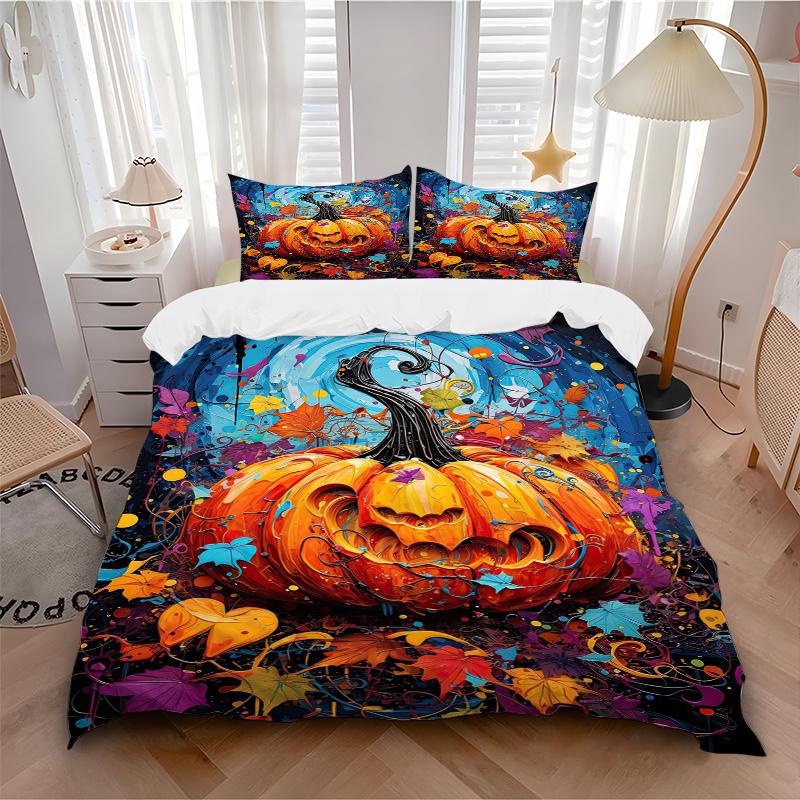 3pcs Colorful Pumpkin Lantern Print Bedding Set (1 Cover + 2 Pillowcases, Without Inserts), This Printed Bedding Set is Soft and Comfortable