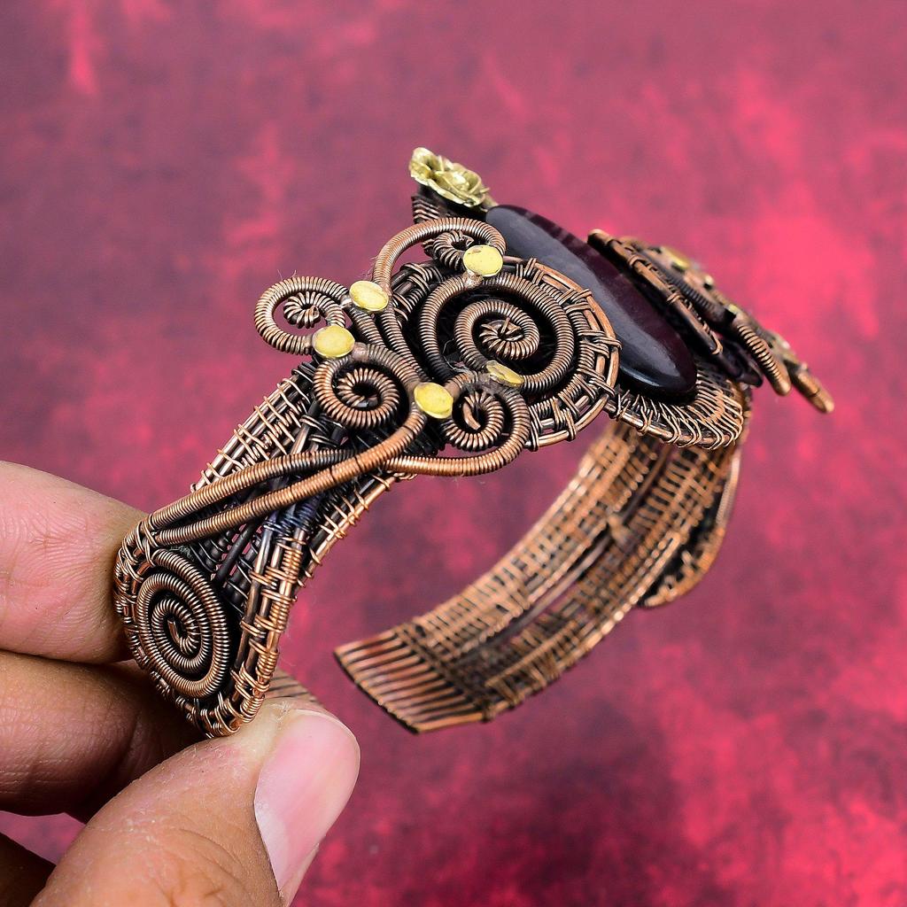 Hypersthene Bangle Copper Wire Wrapped Cuff Bracelet Adjustable Gemstone Bangle Copper Wire Wrap Jewelry Gift for Her Handmade Flower Bangle
