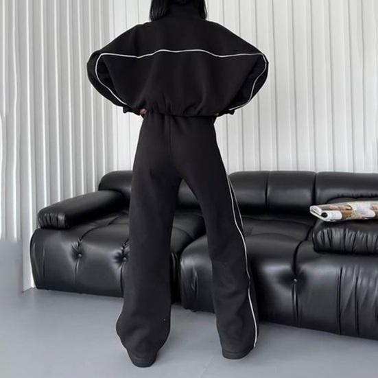 Women Winter 2 Piece Suit Half High Collar Zip Up Long Sleeve Top Elastic Waist Wide Leg Pocket Trousers
